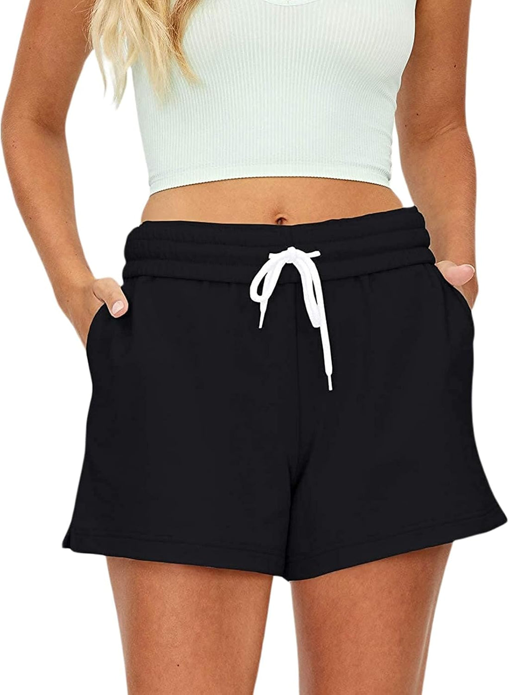 Womens Workout Shorts Casual Summer Drawstring Running Sweat Shorts Elastic High Waist Shorts with Pockets (A-Black, S, S)