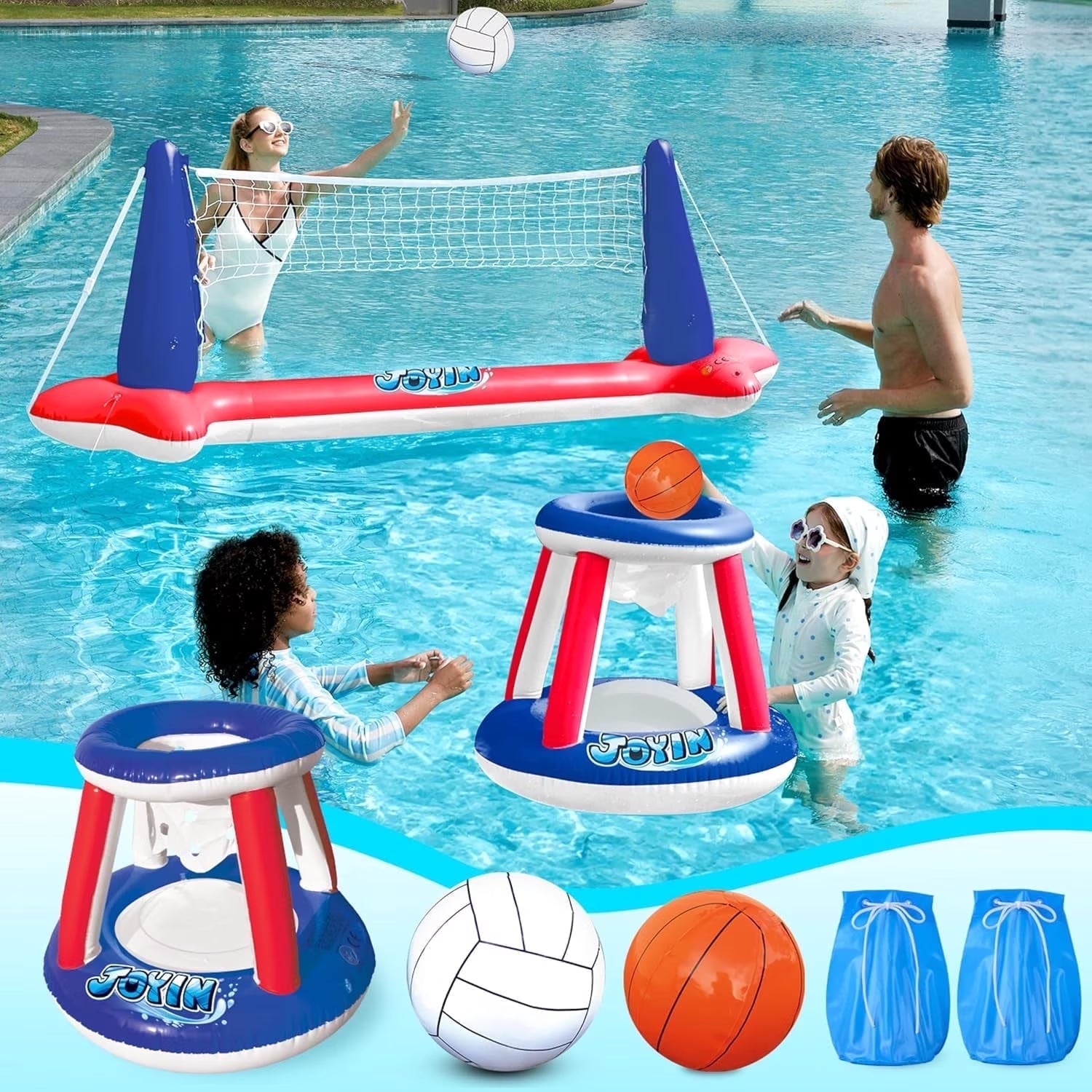 Pool Toys with Pool Volleyball & Pool Basketball Hoop, Summer Pool Game for Kids and Pool Floats Adults - Red