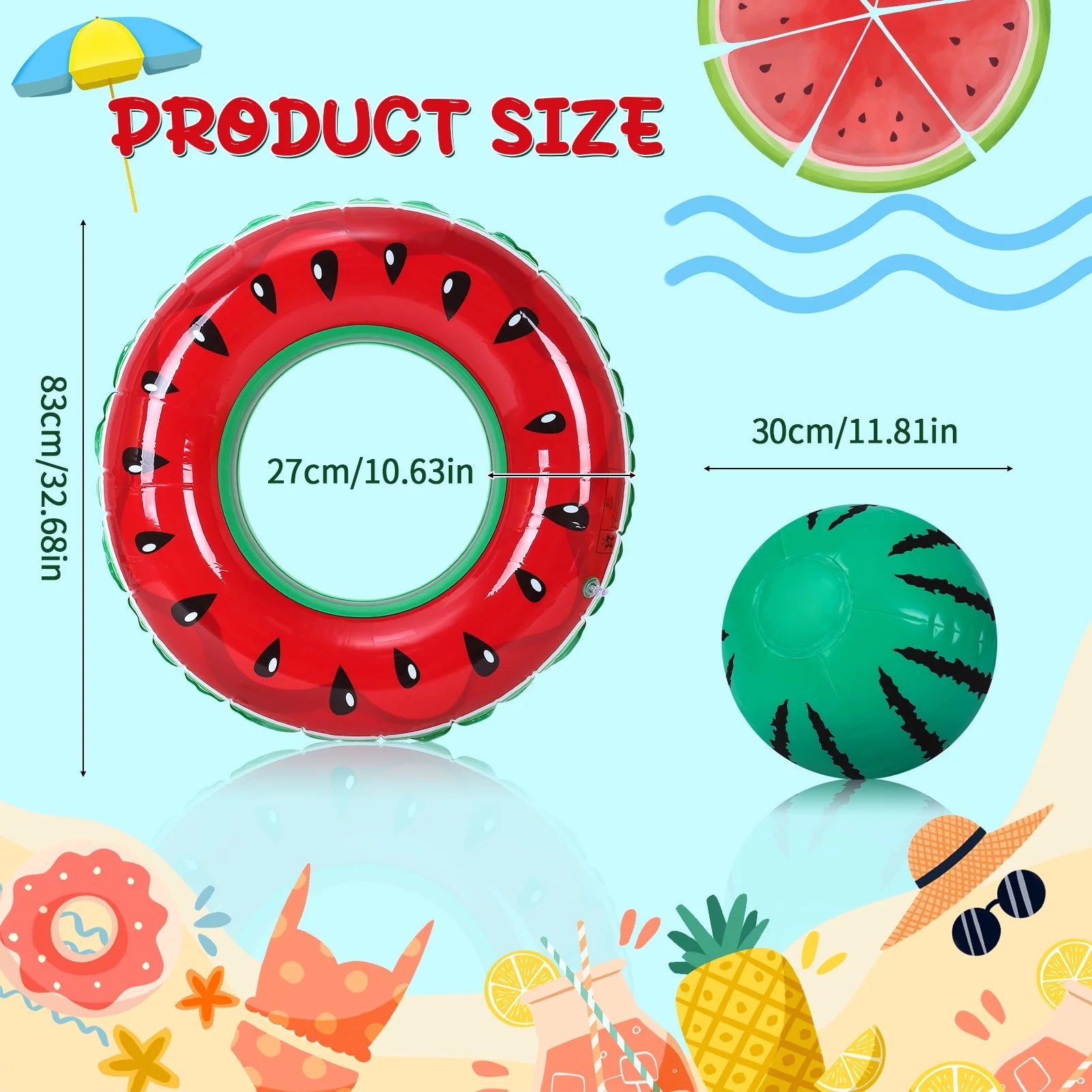 4 Pack Inflatable Pool Swimming Rings with Beach Ball, Inflatable Pool Floats for Kids Adults, 32.68'' Fruits Pool Floaties Rings Tube Toys for Summer Beach Water Float Party, Swimming Pool