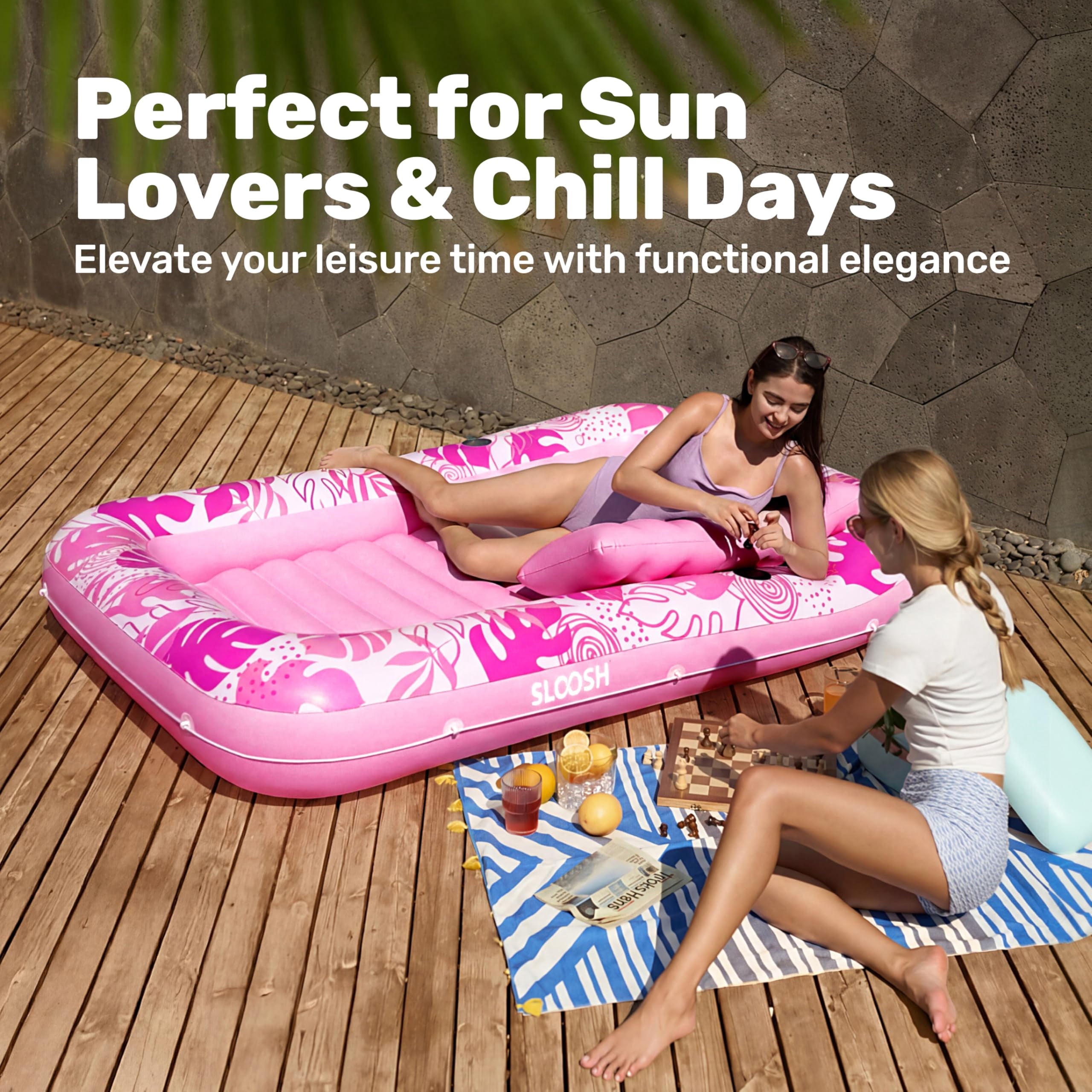Inflatable Tanning Pool Lounger Float, 70" X 46" Large Suntan Tub with Pillow, Water Raft Float for Adults Pink