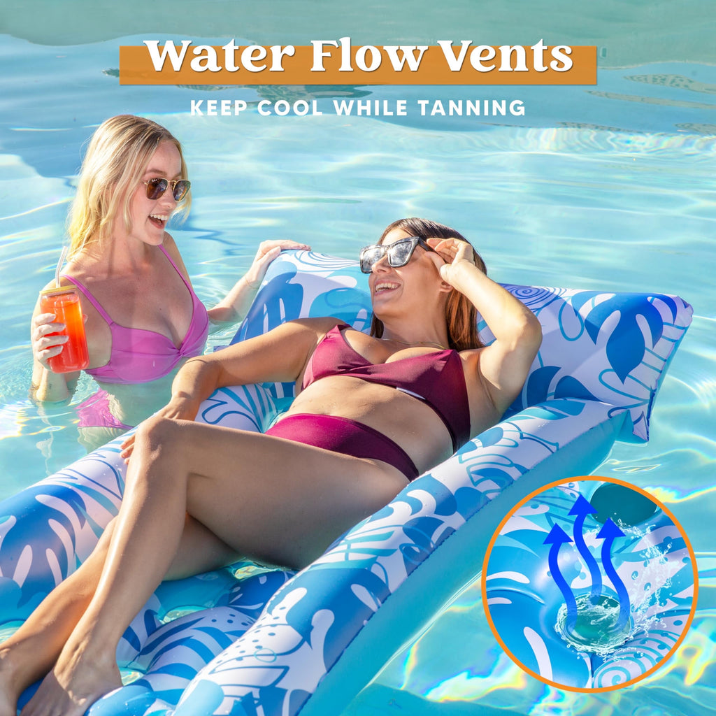 Inflatable Pool Float Lounger Adults, 2 Packs XL Pool Floaties Sun Tanning Bed Float with Headrest for Adults, Floating Mat Pool Lounge Raft Floaty for Lake Beach Swimming Pool Party Water Fun