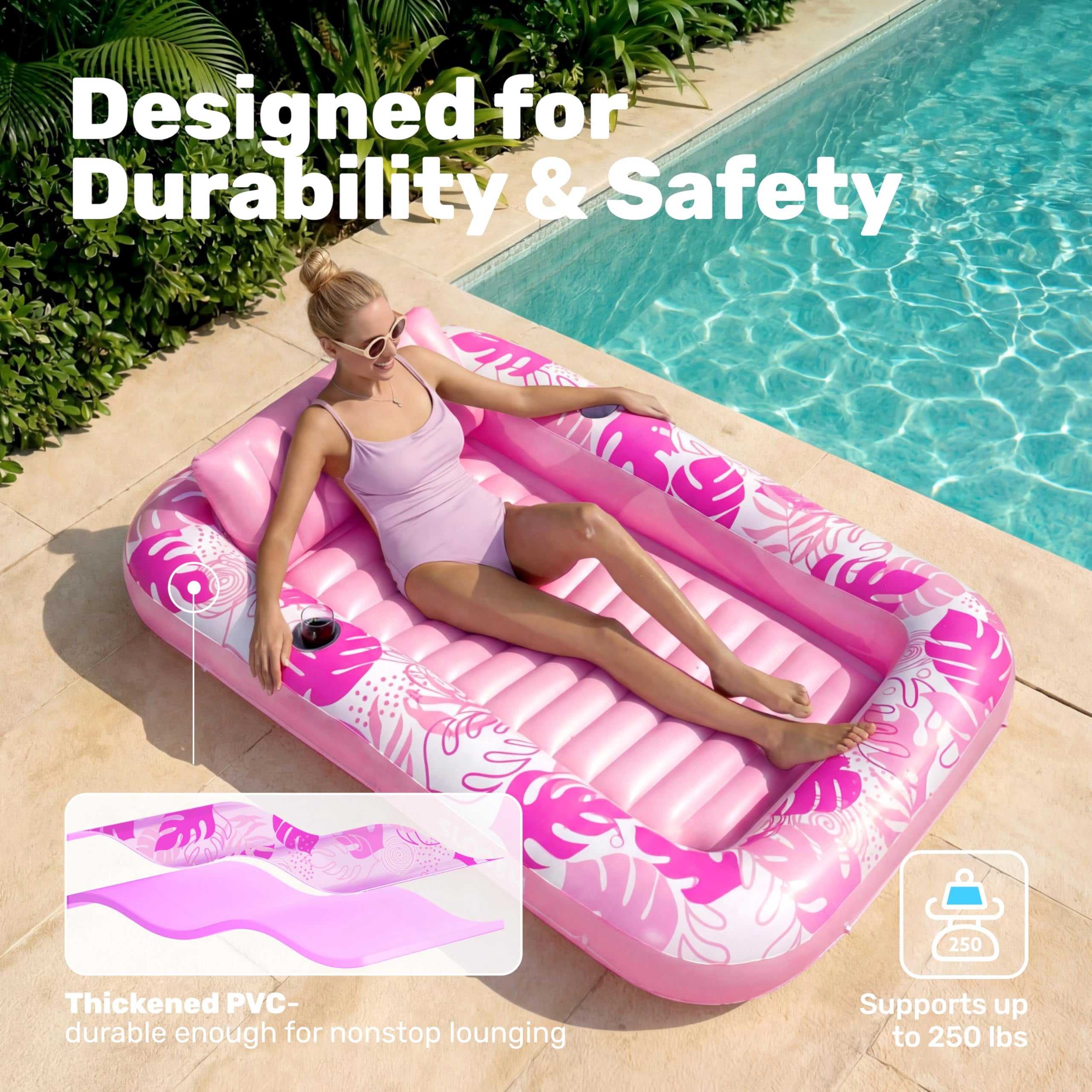 Inflatable Tanning Pool Lounger Float, 70" X 46" Large Suntan Tub with Pillow, Water Raft Float for Adults Pink