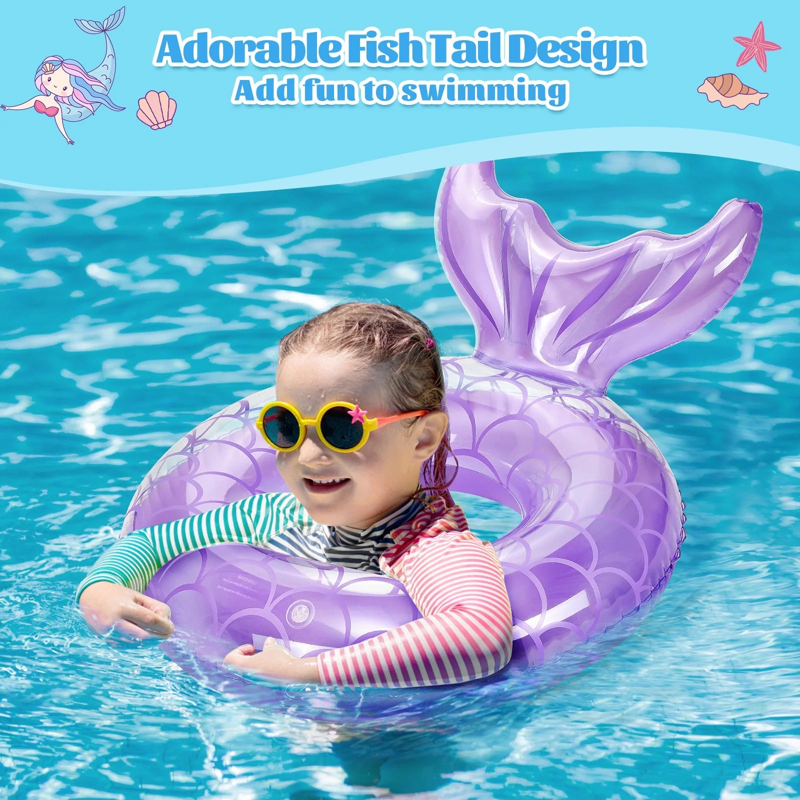 2 Pack Mermaid Tail Pool Float, Inflatable Swimming Ring Floaties Tubes, Rose Gold & Purple