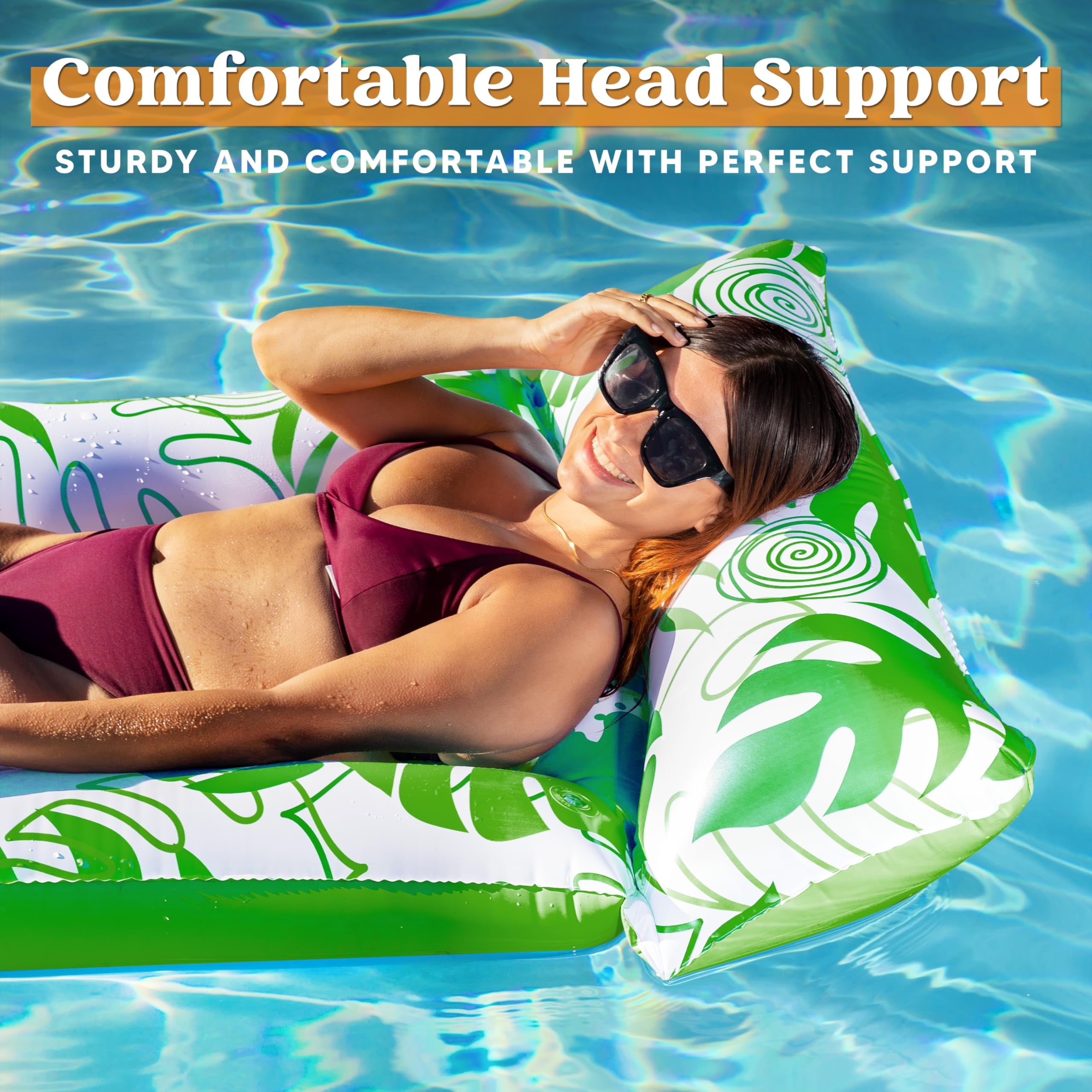 Inflatable Pool Float Lounger Adults, 2 Packs XL Pool Floaties Sun Tanning Bed Float with Headrest for Adults, Floating Mat Pool Lounge Raft Floaty for Lake Beach Swimming Pool Party Water Fun