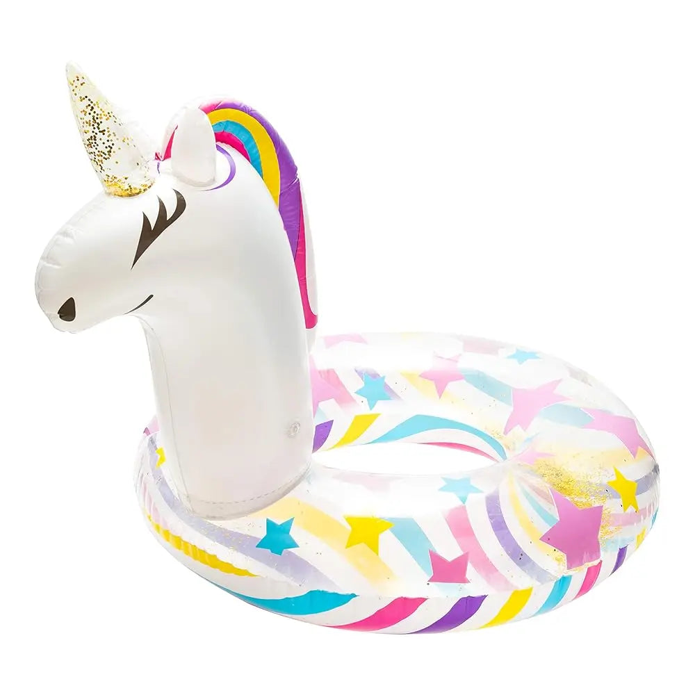 1Pc Unicorn Shape Inflatable Pool Float with Glitters Inflation Swimming Ring for Outdoor Water Inflatable Lounge Raft Tube