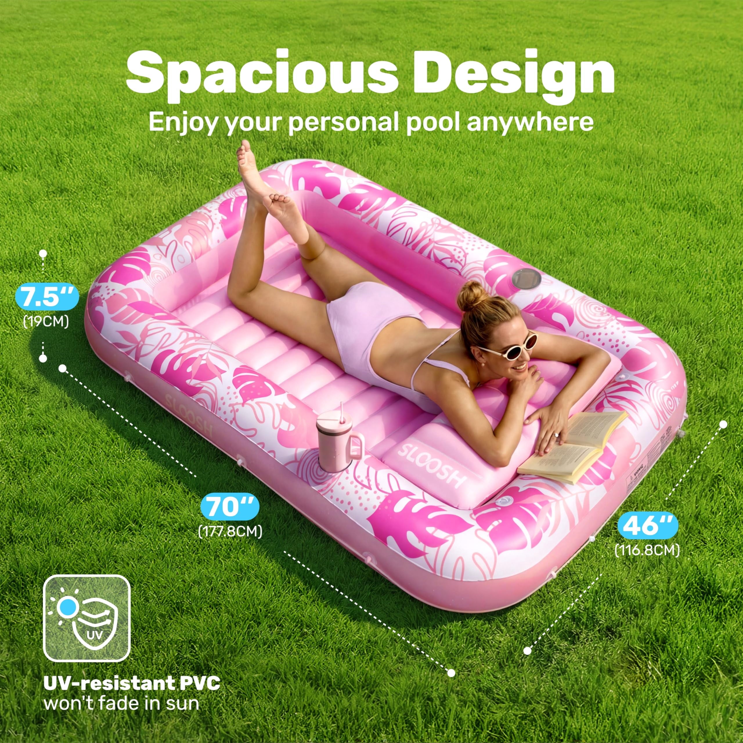 Inflatable Tanning Pool Lounger Float, 70" X 46" Large Suntan Tub with Pillow, Water Raft Float for Adults Pink