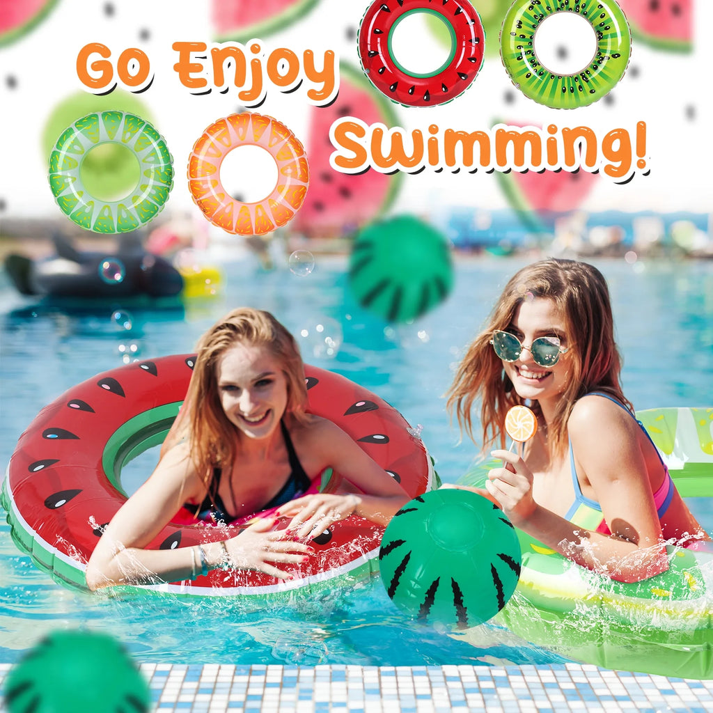 4 Pack Inflatable Pool Swimming Rings with Beach Ball, Inflatable Pool Floats for Kids Adults, 32.68'' Fruits Pool Floaties Rings Tube Toys for Summer Beach Water Float Party, Swimming Pool