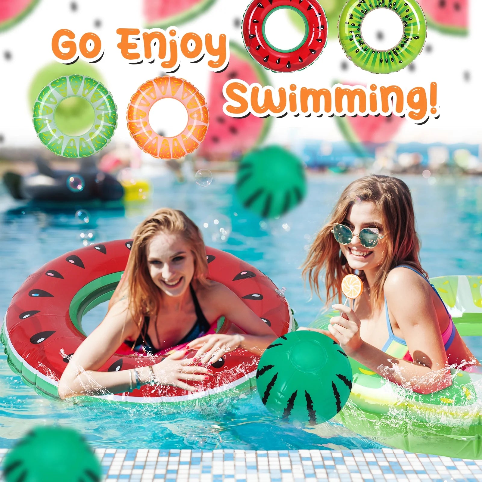 4 Pack Inflatable Pool Swimming Rings with Beach Ball, Inflatable Pool Floats for Kids Adults, 32.68'' Fruits Pool Floaties Rings Tube Toys for Summer Beach Water Float Party, Swimming Pool