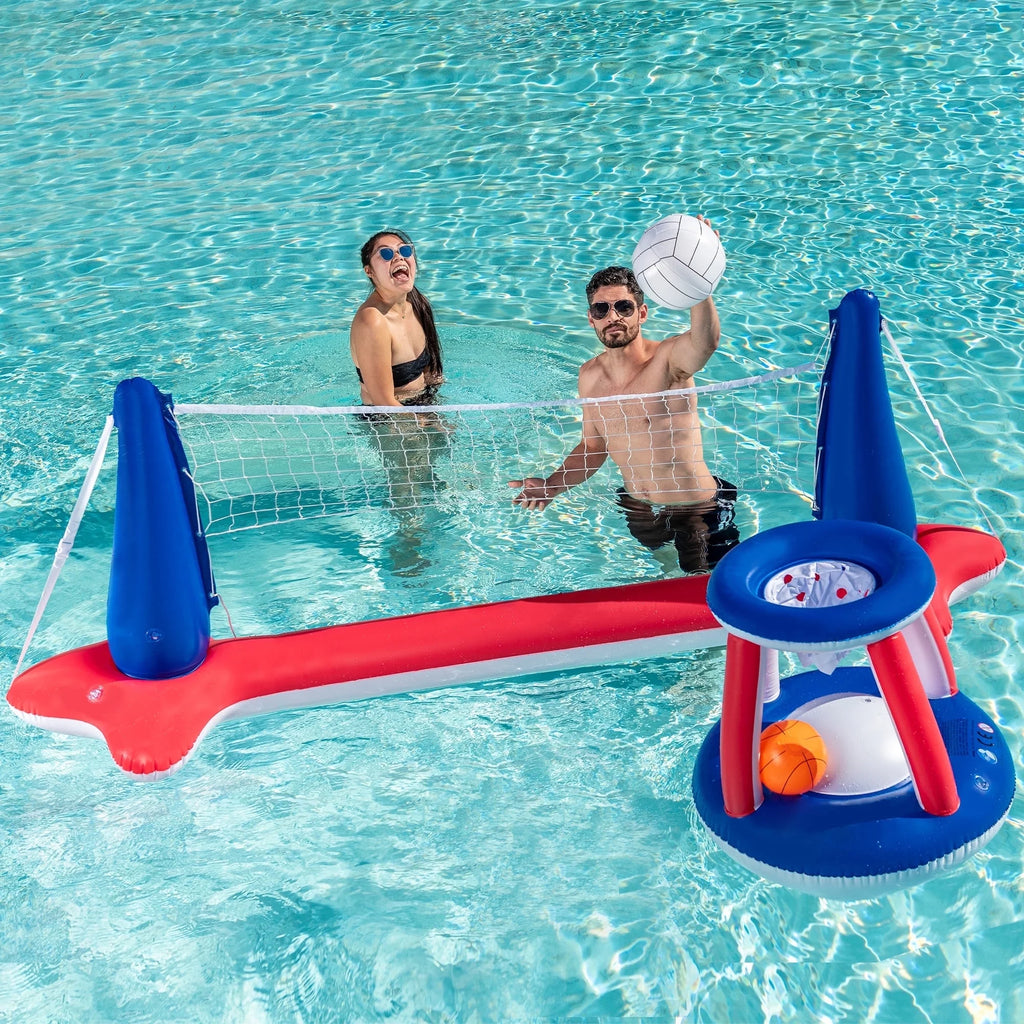 Pool Toys with Pool Volleyball & Pool Basketball Hoop, Summer Pool Game for Kids and Pool Floats Adults - Red