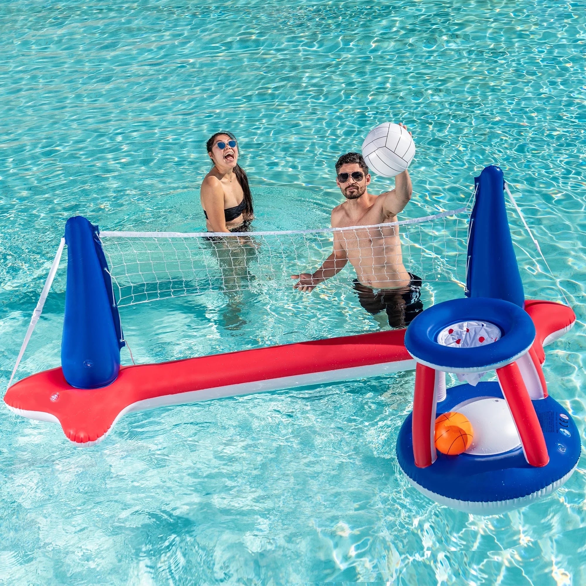 Pool Toys with Pool Volleyball & Pool Basketball Hoop, Summer Pool Game for Kids and Pool Floats Adults - Red