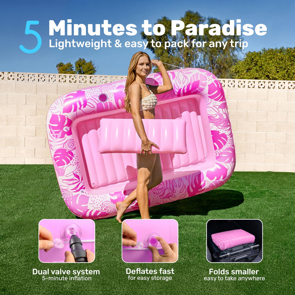 Inflatable Tanning Pool Lounger Float, 70" X 46" Large Suntan Tub with Pillow, Water Raft Float for Adults Pink