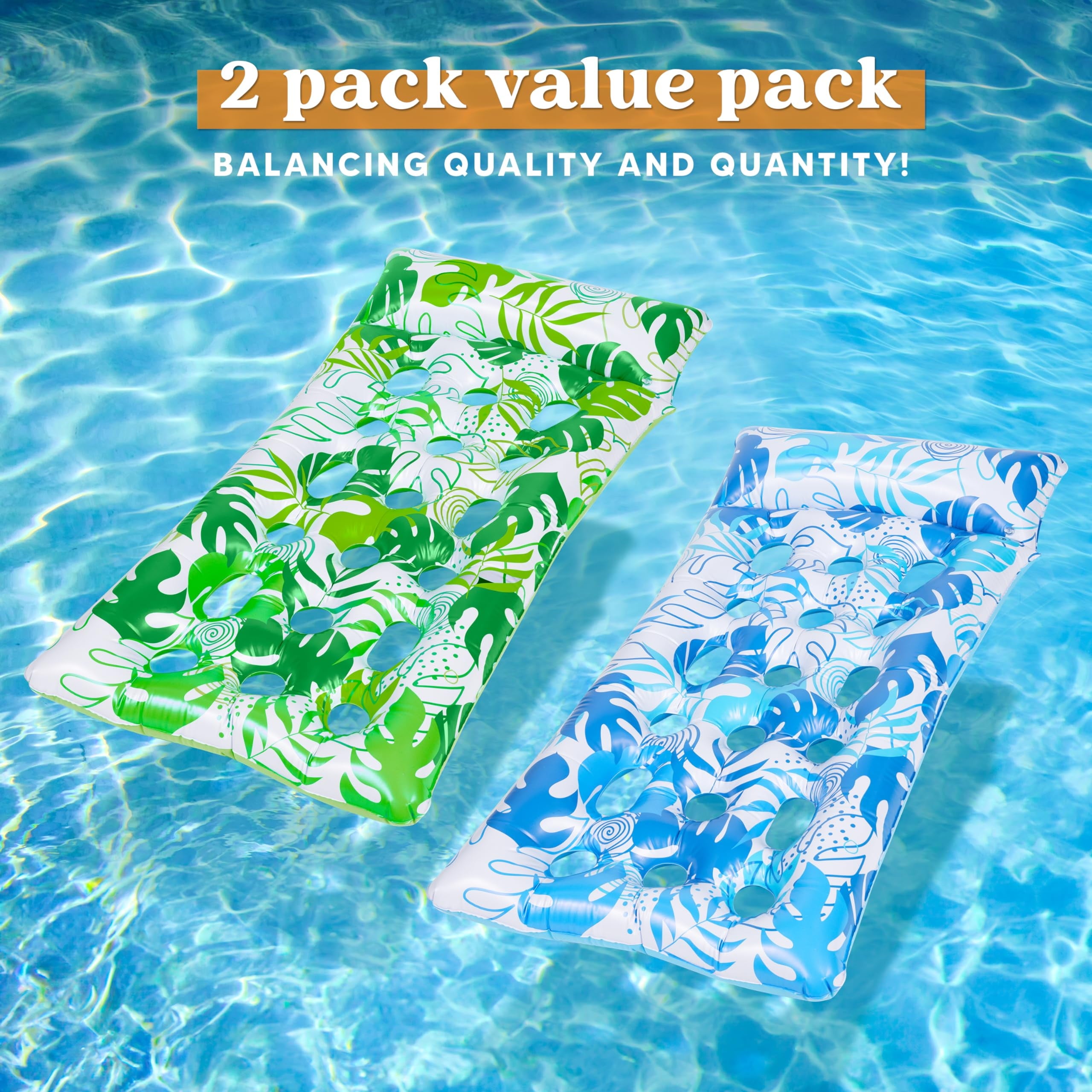 Inflatable Pool Float Lounger Adults, 2 Packs XL Pool Floaties Sun Tanning Bed Float with Headrest for Adults, Floating Mat Pool Lounge Raft Floaty for Lake Beach Swimming Pool Party Water Fun