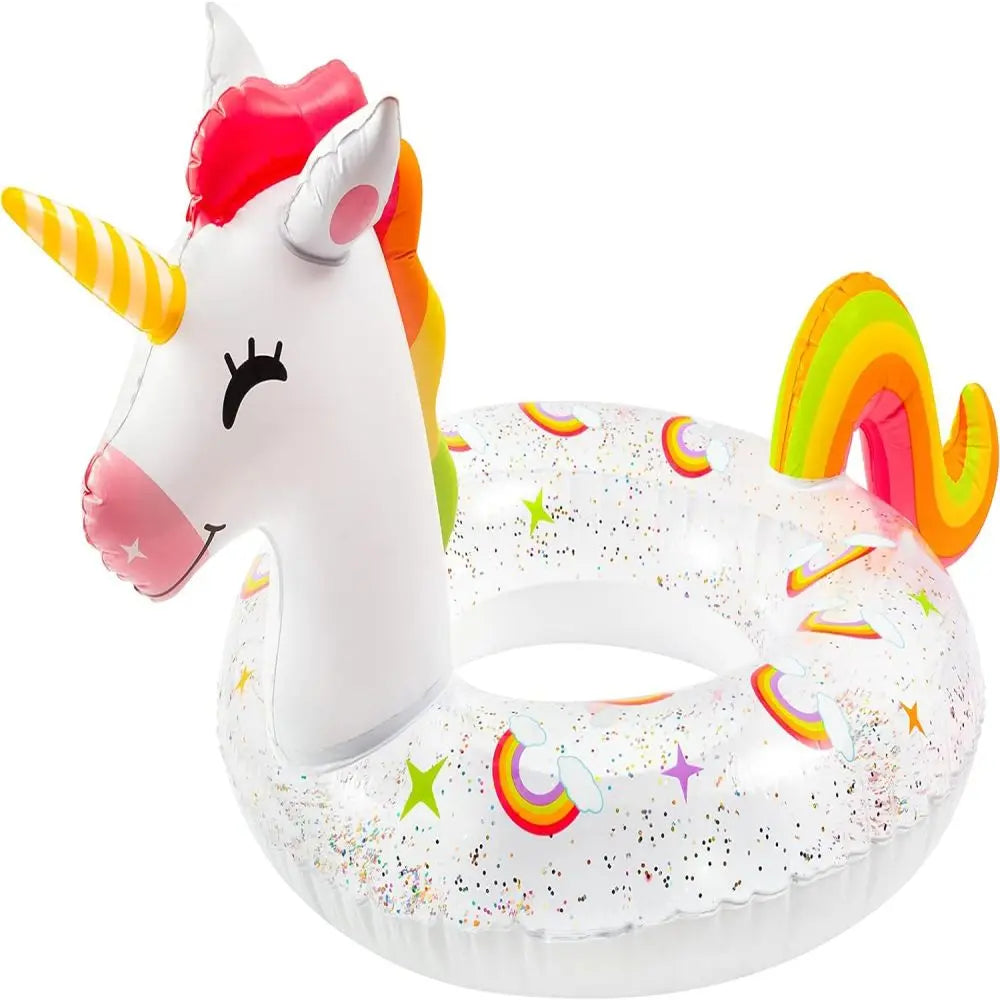 1Pc Unicorn Shape Inflatable Pool Float with Glitters Inflation Swimming Ring for Outdoor Water Inflatable Lounge Raft Tube