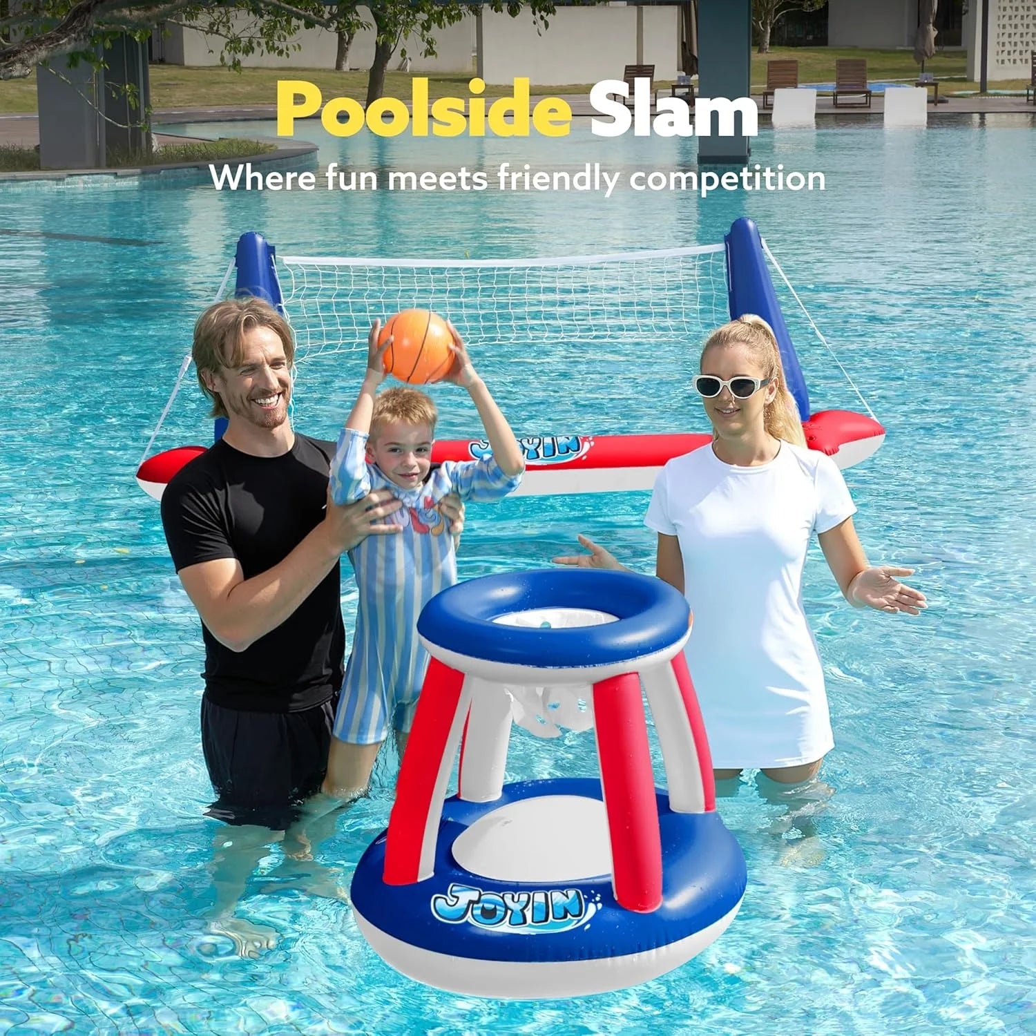 Pool Toys with Pool Volleyball & Pool Basketball Hoop, Summer Pool Game for Kids and Pool Floats Adults - Red