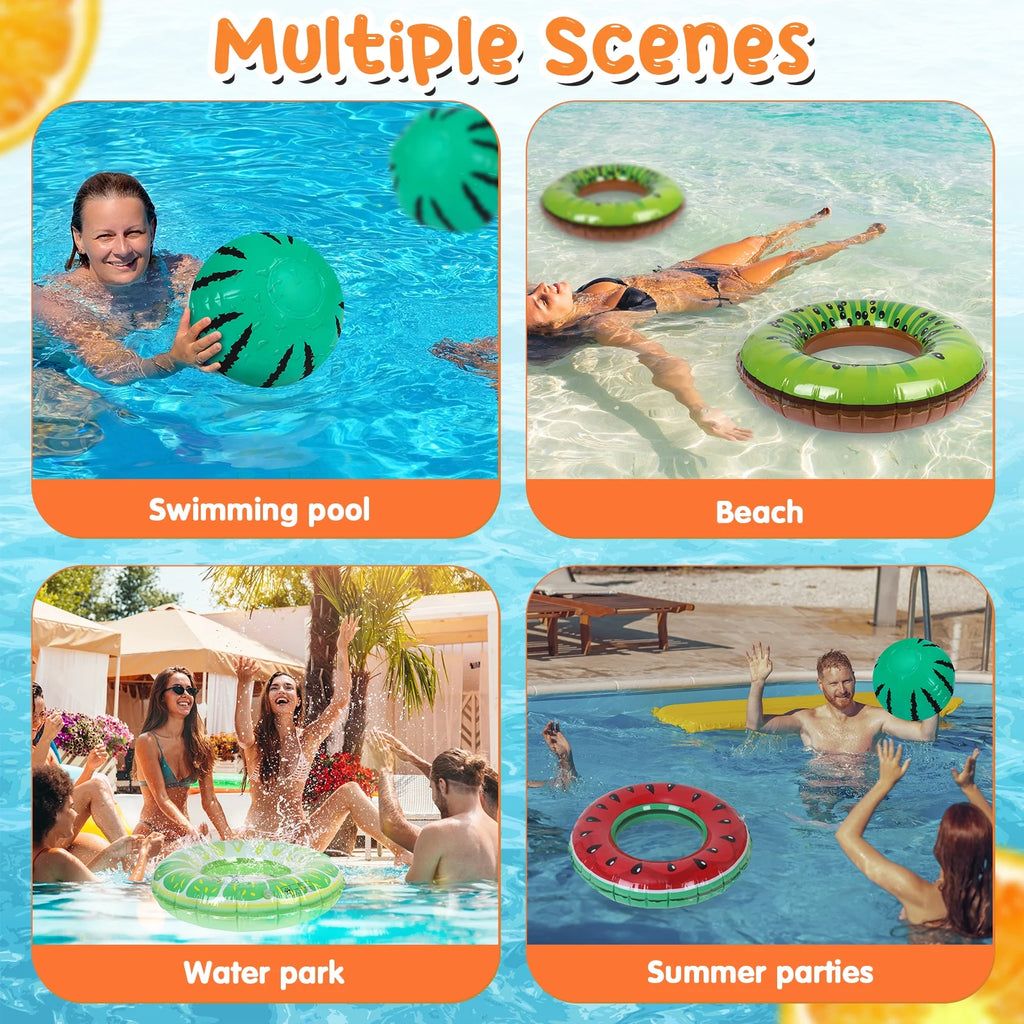 4 Pack Inflatable Pool Swimming Rings with Beach Ball, Inflatable Pool Floats for Kids Adults, 32.68'' Fruits Pool Floaties Rings Tube Toys for Summer Beach Water Float Party, Swimming Pool