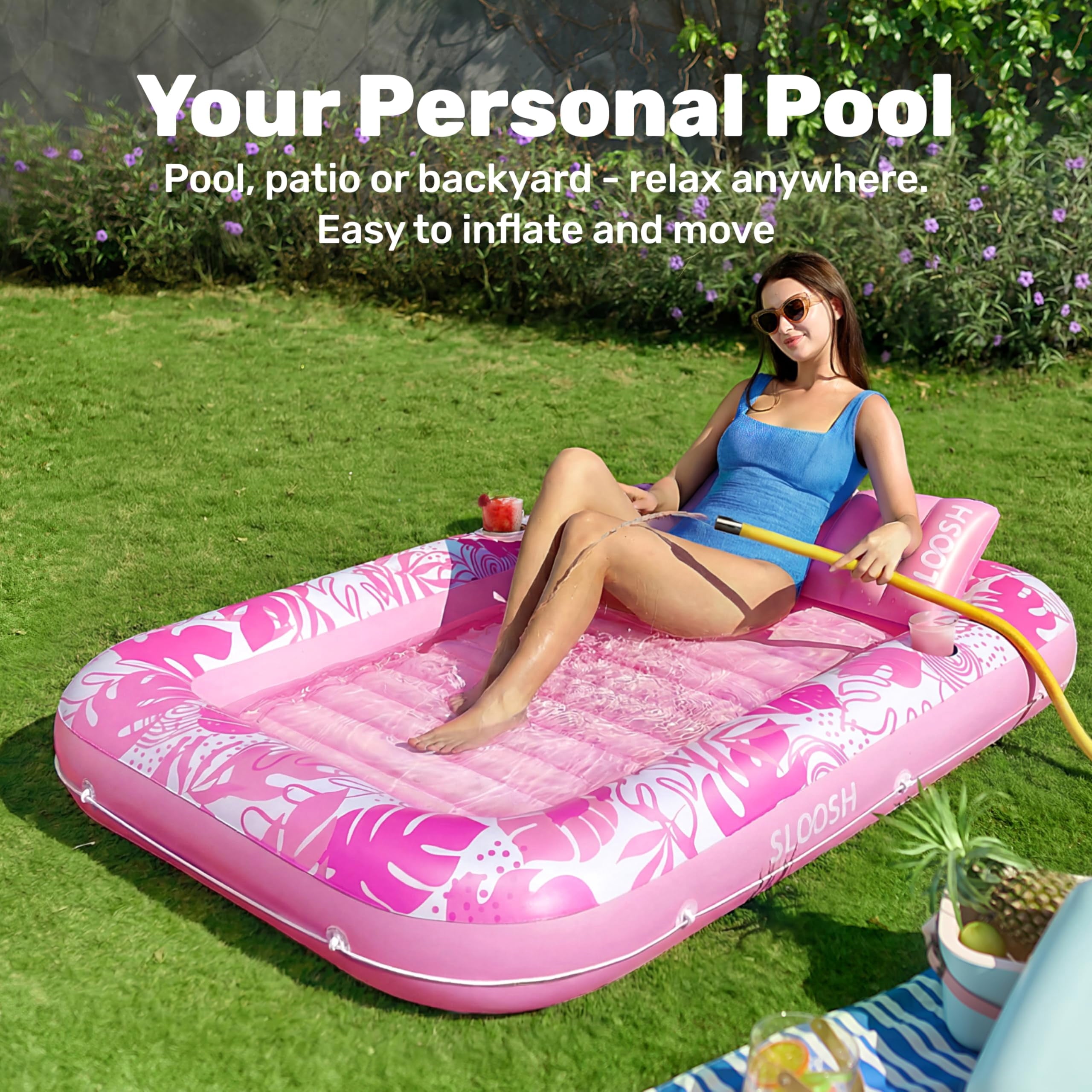 Inflatable Tanning Pool Lounger Float, 70" X 46" Large Suntan Tub with Pillow, Water Raft Float for Adults Pink