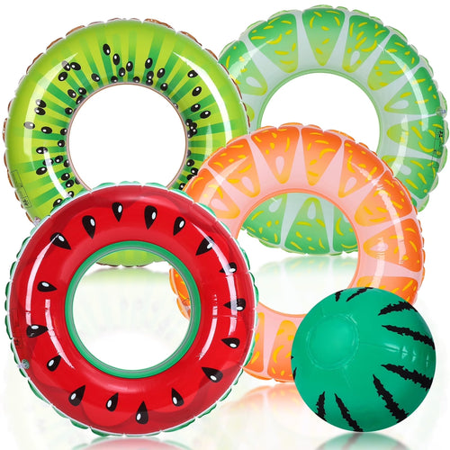 4 Pack Inflatable Pool Swimming Rings with Beach Ball, Inflatable Pool Floats for Kids Adults, 32.68'' Fruits Pool Floaties Rings Tube Toys for Summer Beach Water Float Party, Swimming Pool
