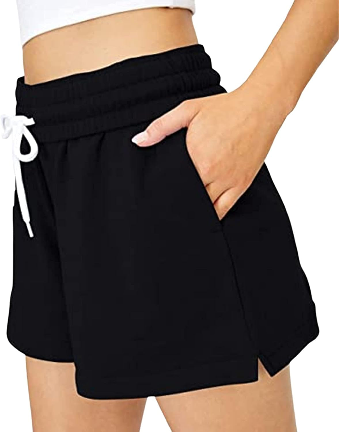 Womens Workout Shorts Casual Summer Drawstring Running Sweat Shorts Elastic High Waist Shorts with Pockets (A-Black, S, S)