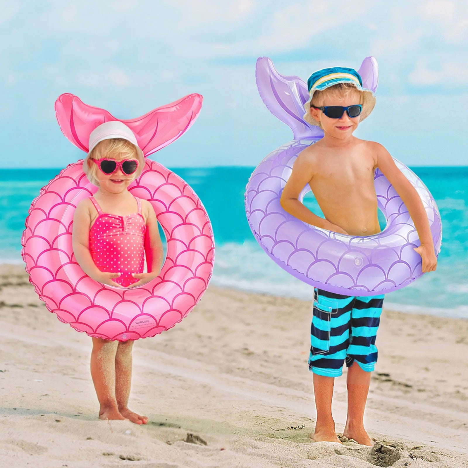 2 Pack Mermaid Tail Pool Float, Inflatable Swimming Ring Floaties Tubes, Rose Gold & Purple
