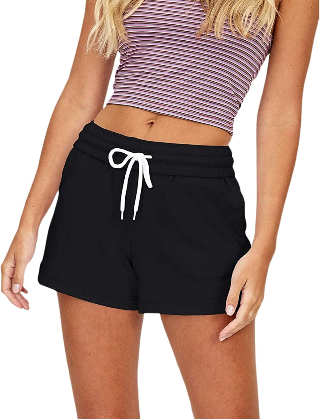 Womens Workout Shorts Casual Summer Drawstring Running Sweat Shorts Elastic High Waist Shorts with Pockets (A-Black, S, S)