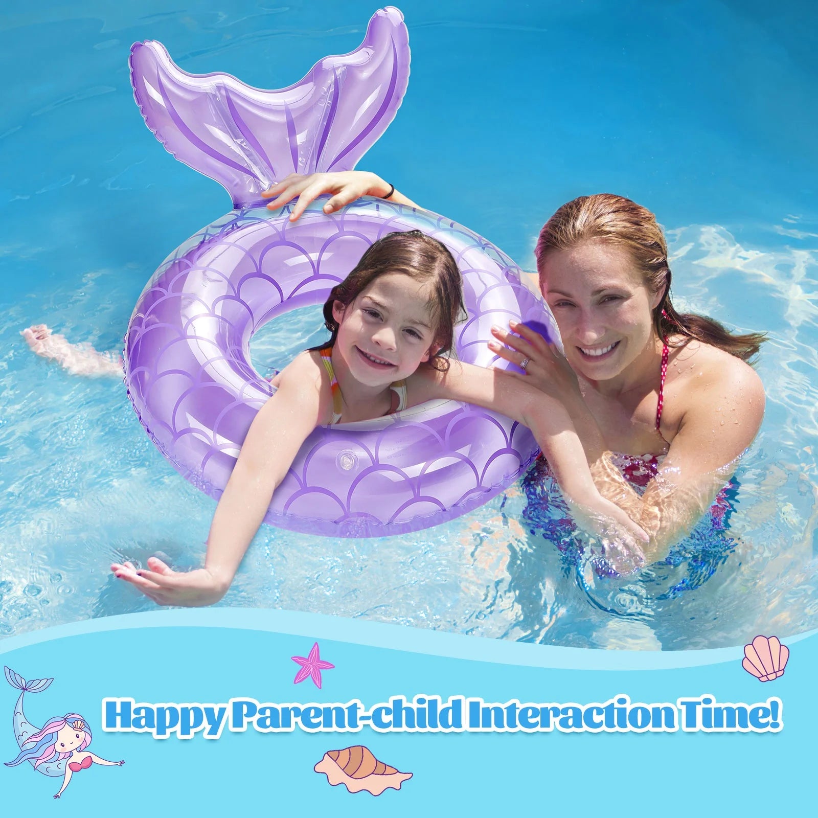 2 Pack Mermaid Tail Pool Float, Inflatable Swimming Ring Floaties Tubes, Rose Gold & Purple