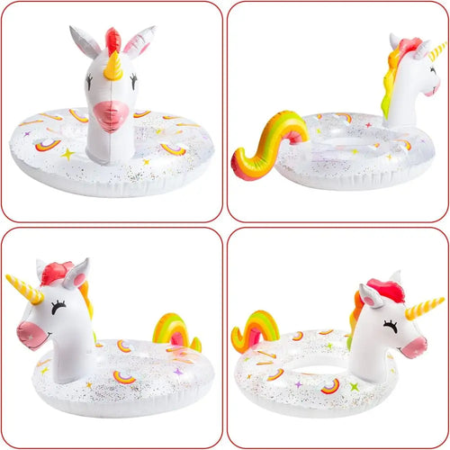 1Pc Unicorn Shape Inflatable Pool Float with Glitters Inflation Swimming Ring for Outdoor Water Inflatable Lounge Raft Tube